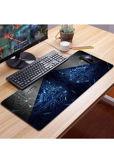 Sonictouch Mavi Devre Desenli Kaymaz Gaming Oyuncu Masaüstü Dikişsiz Klavye Mouse Pad 32x70cm