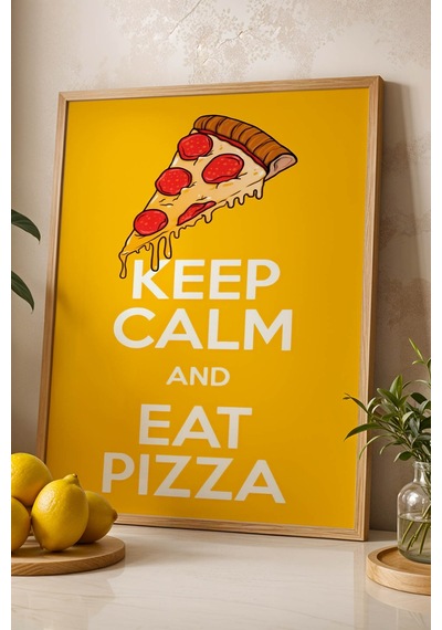Retro Keep Calm And Eat Pizza Çerçeveli Tablo - Modern Mutfak Ve Yemek Odası Duvar Dekoru Kayın