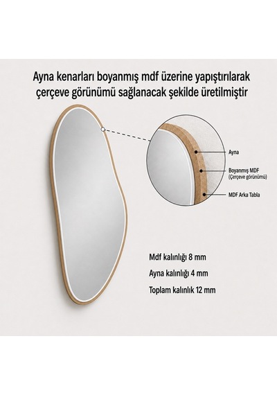 Modern Organik Form Banyo Aynası 40x120 Cm Asimetrik Minimalist Dekoratif Duvar Aynası Altın