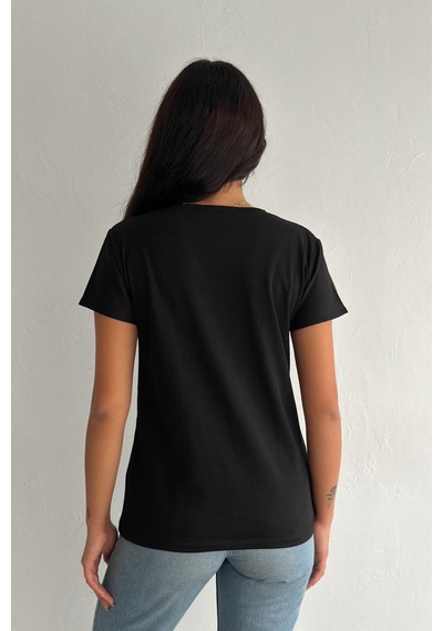 Femelle Kadın Siyah V Yaka Omzu Yaprak Pul Payet İşlemeli %100 Pamuk T-shirt - Fem8