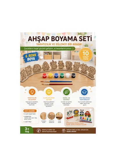 Çocuklar İçin 10 Adet Eğitici Ahşap Boyama Seti Yaratıcı Oyuncak Boya + Fırça Dahil Kahverengi