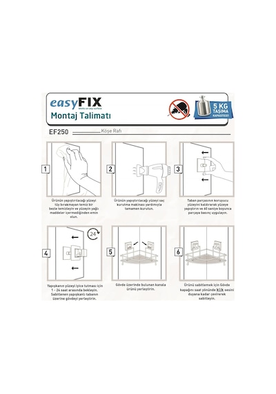 Easyfix Yapışkanlı Banyo Rafı Şampuanlık Kancalı Köşe Rafı Siyah Siyah