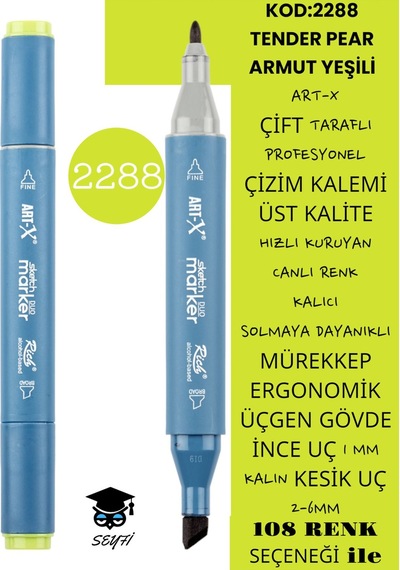 Çift Taraflı Profesyonel Çizim Kalemi Kalıcı Mürekkep Üçgen Gövde İnce Uç 1 Mm Kesik Uç 2-6mm Sketch 2288-armut Yeşili