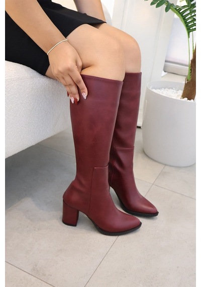 Asmi Shoes Kadın Lamor Bordo 7 Cm Topuklu Yandan Fermuarlı Diz Altı Çizme 400