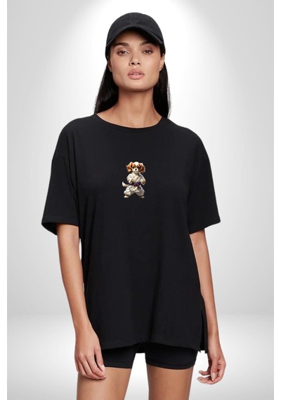 Cavailer King Charles Spaniel Karate Siyah Oversize Unisex Ön Orta Minimal Baskılı Tişört Siyah
