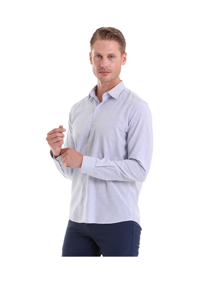 Hatemoğlu Lacivert Ç. Comfort Fit Çizgili Pamuklu Slim Yaka Uzun Kollu Casu Lacivert