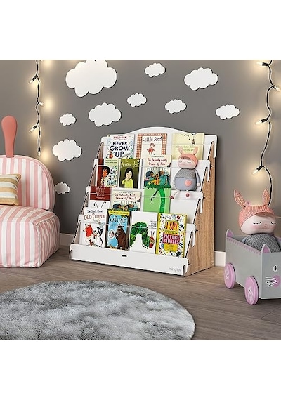Lucky Montessori Ahşap Çocuk Odası 4 Raflı Kitaplık Meşe - Beyaz Abanoz - Beyaz