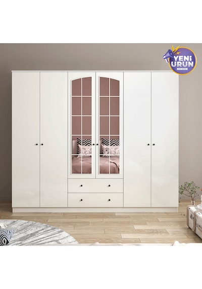 Rose 6 Kapak 2 Çekmece Aynalı Gardırop Beyaz