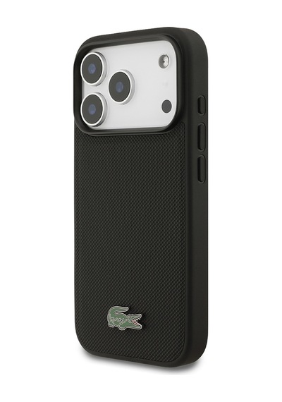Apple Uyumlu iPhone 18 Pro Kılıf Lacoste Lisanslı M-safe Şarj Özellikli Pu Pike Desenli Metal Logolu Kapak Siyah