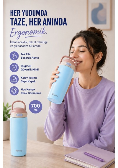 4berry 700 Ml Termos Matara Çift Cidarlı Vakum Yalıtımlı Sıcak Soğuk Tutan Sızdırmaz Kapaklı - Mavi