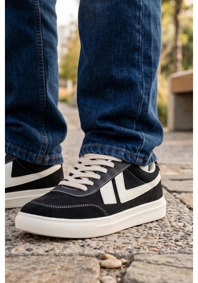 In Step Street Style Erkek Siyah-beyaz Korduroy Detaylı Süet Şehir Ayakkabısı