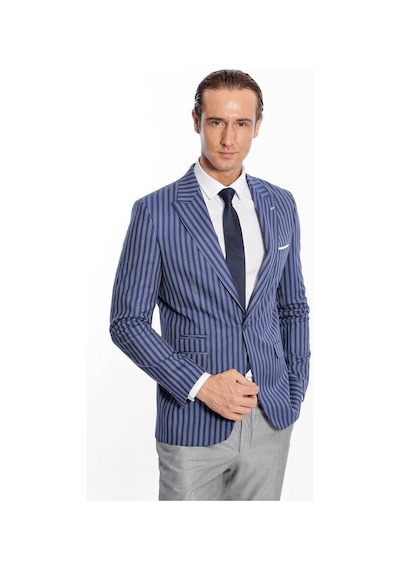Wessi Çizgili Slim Fit Mavi Erkek Ceket Siyah