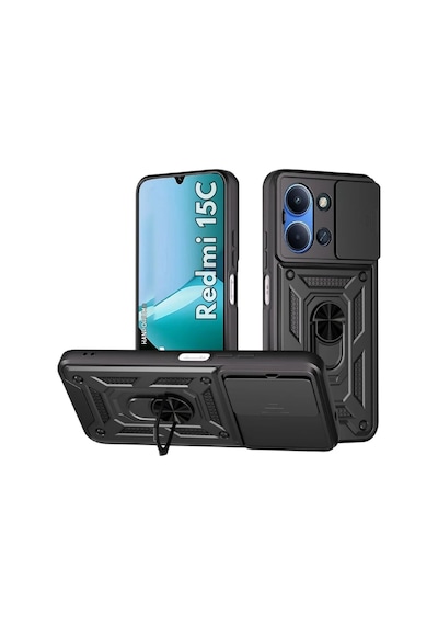 Redmi 15c Uyumlu Tank Kılıf - Yüzüklü Standlı Extra Darbe Koruma Zırhlı Outdoor Kapak - Siyah Siyah