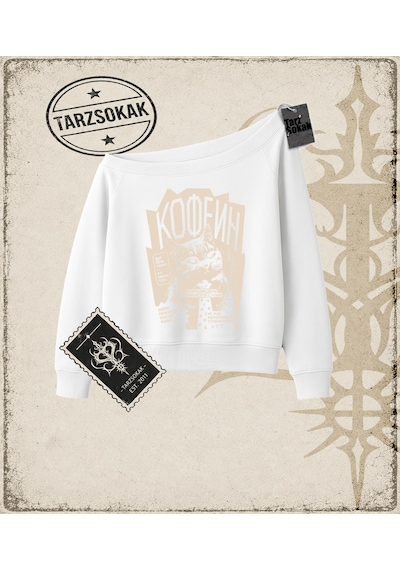 Tarzsokak Gotik & Grunge Streetwear Rus Cats Kayık Yaka Sweatshirt Beyaz