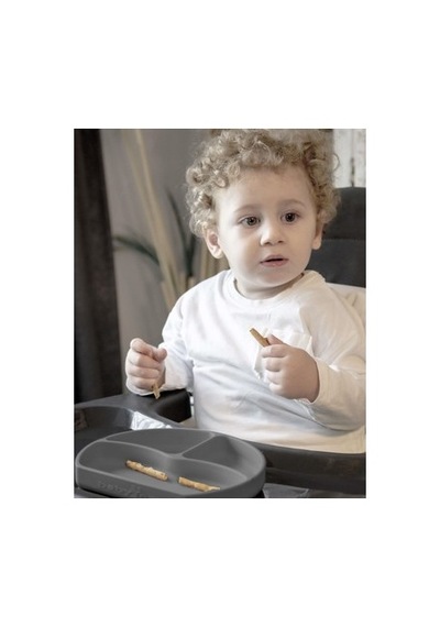 Oval Gri Silikon Tabak, 1-5 Yaş İçin Kaymaz Tasarım