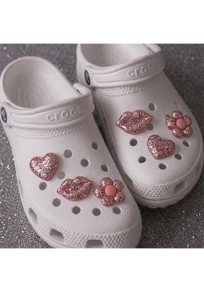 Temungur Pembe Simli Kalp Dudak Çiçek Jibbitz Charm 6 Lı Set Terlik Süsü, Parlak Glitter Terlik Aksesuarı Çok Renkli