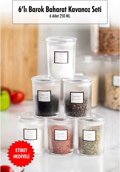 6'lı Barok Yuvarlak Baharat Kavanoz Seti & Saklama Kabı & Erzak Kabı 6 250 Ml Renkli