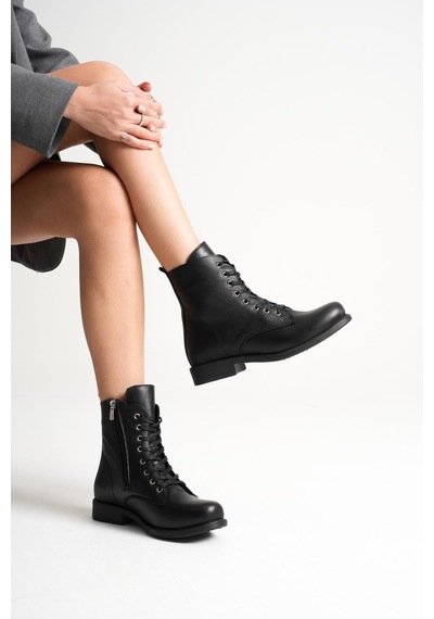 Analin Shoes Kadın Hakiki Deri Bağcıklı Ve Fermuarlı Bot Siyah