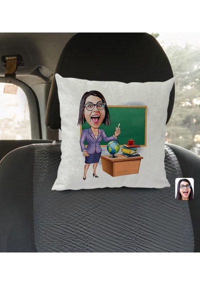 Bk Gift Kişiye Özel Kadın Öğretmen Karikatürlü Kare Araç Koltuk Yastığı-1 Çok Renkli