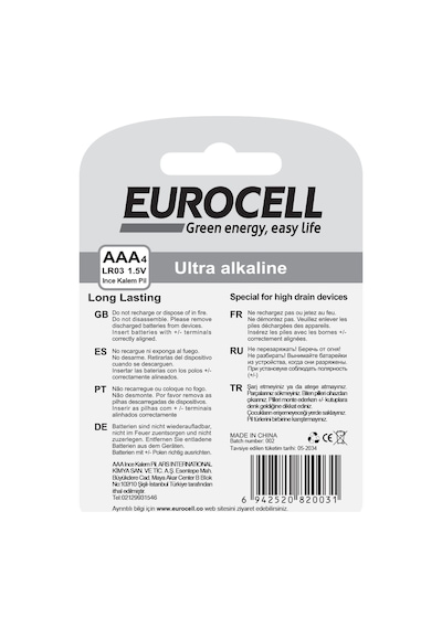 Eurocell- Aaa4 Lr03 1.5 V Ultra Alkalin Pil