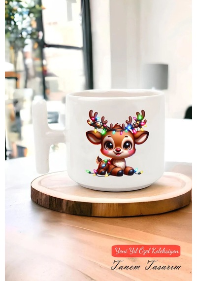 Yeni Yıl Yılbaşı Noel Tasarımlı T Kulp Seramik Kupa 50 Beyaz