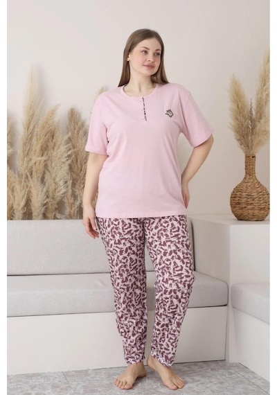 Sude Kadın Büyük Beden Düğme Yaka Penye Kısa Kol İnce Pijama Takımı P146 - 1 Adet Pembe