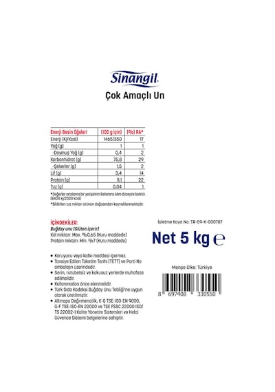 Sinangil Un 5 Kg Çok Amaçlı Buğday Unu, Ev Ve Profesyonel Kullanım