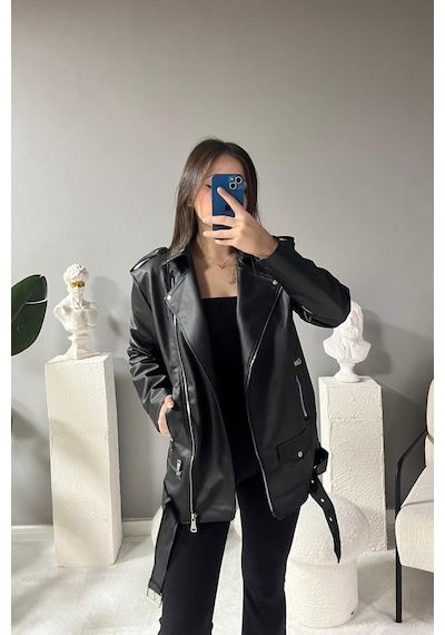 Prifaldi Uzun Oversize Kadın Siyah Deri Ceket