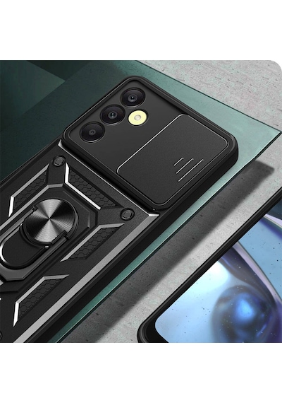 Galaxy A25 Kılıf Magnetik Standlı Kamera Korumalı Zore Sürgülü Vega Kapak Siyah