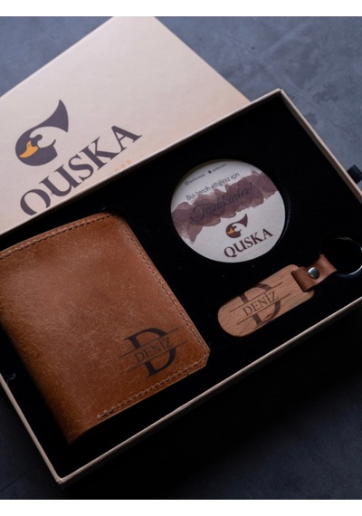 Quska Kişiye Özel İsimli El Yapımı Hakiki Deri Taba Cüzdan+anahtarlık Hediyelik Set- Grain Minimal Taba