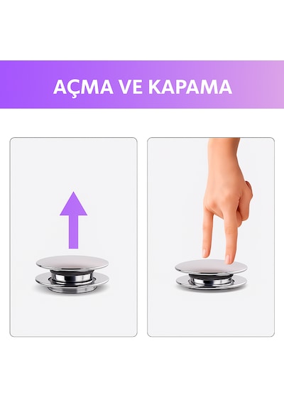 Pop-up Lavabo Sifonu Taşmalı Paslanmaz Metal Başlık, Plastik Gö