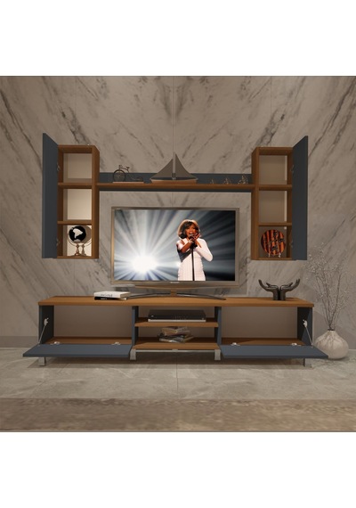 Decoraktiv Eko 7 Mdf Dvd Krom Ayaklı Tv Ünitesi Tv Sehpası Ceviz - Antrasit