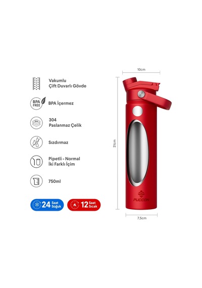 Puccon 750 Ml Kırmızı Paslanmaz Çelik Termos/matara/suluk