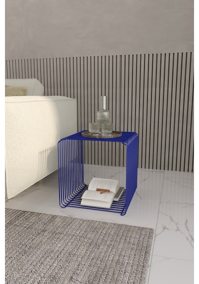 Miami Minimalist Metal Tel Kare Yan Sehpa Modern Küp Yan Sehpa & Modüler Kitaplık Dergilik Kobalt Mavi