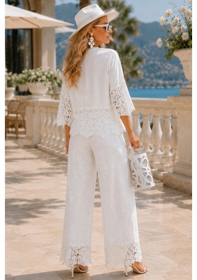 Asprinfashion İthal Güpür Dantel İşlemeli Pantolonlu Takım Ekru