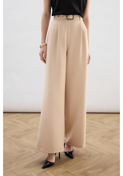 Sateen Kemerli Bol Pantolon - Bej-136821 Bej