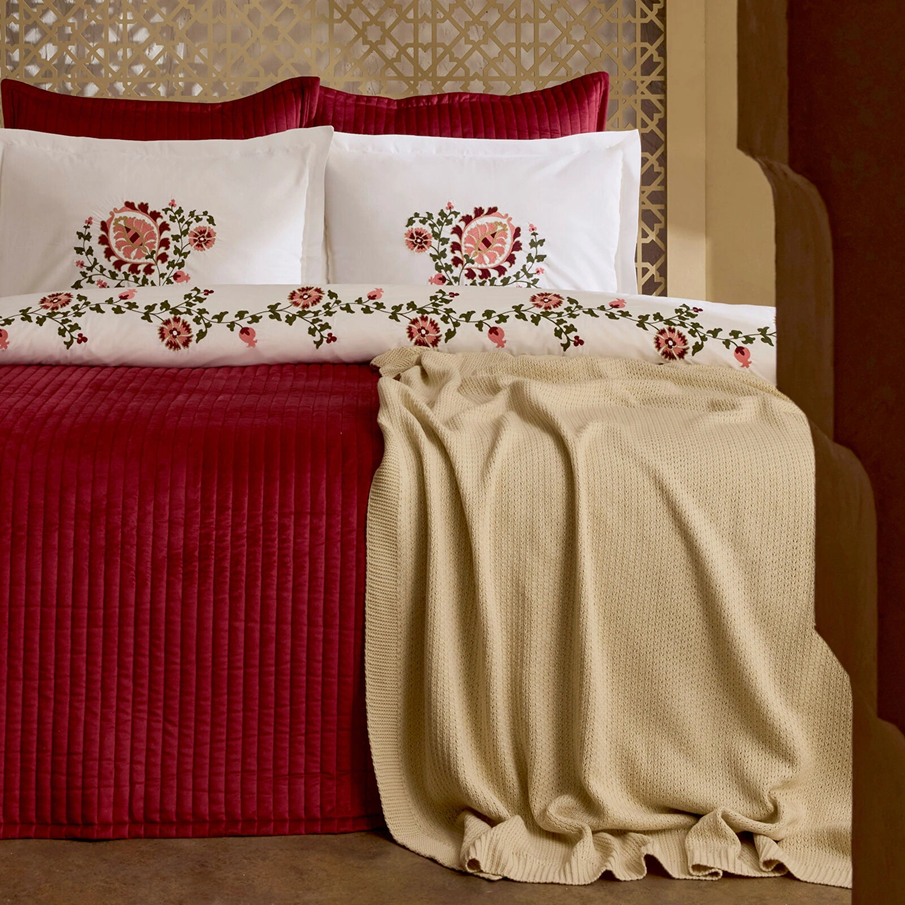 Karaca Home Lorea Çift Kişilik Nakışlı Winter Set Kırmızı