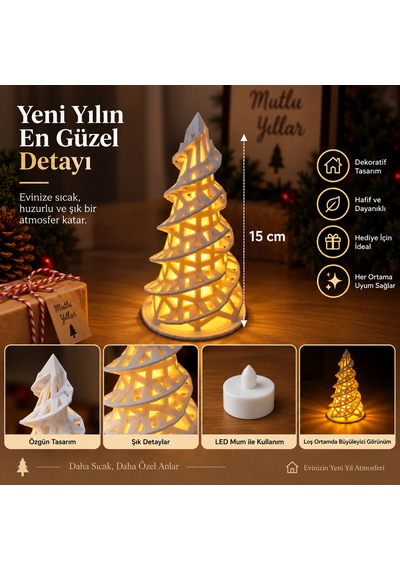 Dekoratif Yılbaşı Çam Ağacı Led Mumluk 15 Cm Işıklı 3d Baskı Noel Ağacı Dekoru .