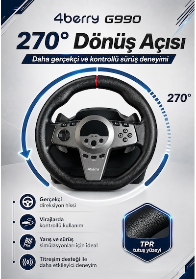 G990 270 Gaming Direksiyon Seti 6+1 Vitesli, 3 Pedallı, Titreşimli Yarış Simülasyonu