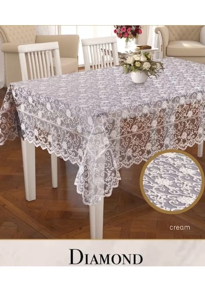 Dertsiz İşlemeli Tek Masa Örtüsü 160x260cm Dantelli Yemek Masası Örtüsü Daimond Model Diğer