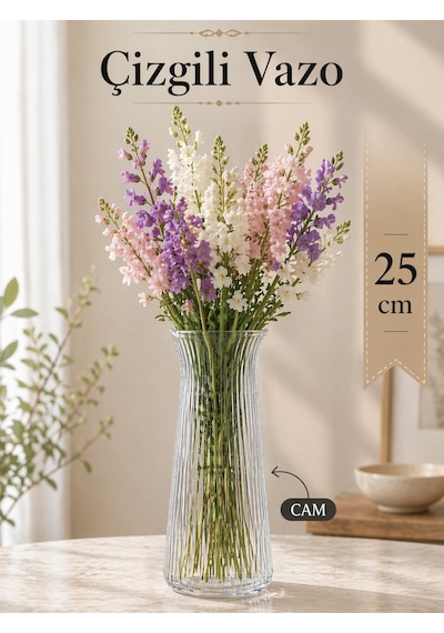 Dekoratif Cam Vazo - Modern Çizgili Şeffaf Çok Amaçlı Karaf 25 Cm