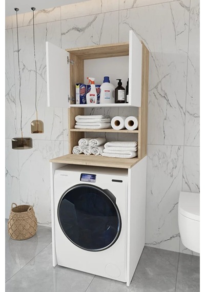 %100 Mdf Çamaşır Makinesi Dolabı Beyaz Beyaz Meşe