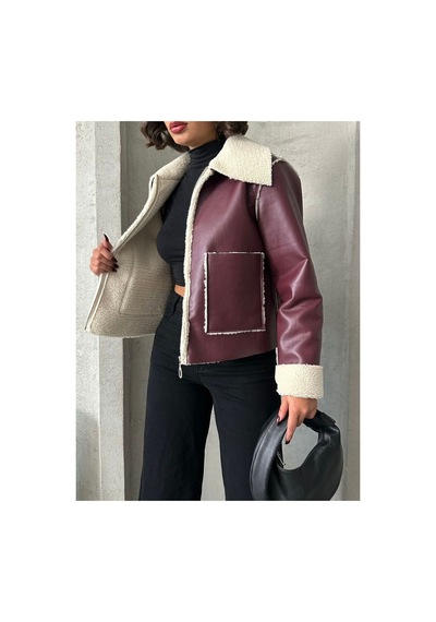 Verymoda Lamine Deri Fermuarlı F1511 Bordo Krem
