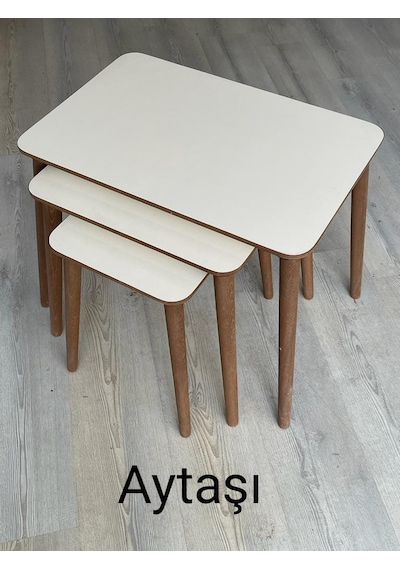 Modern Ahşap Zigon Sehpa Takımı Aytaşı Ekruh