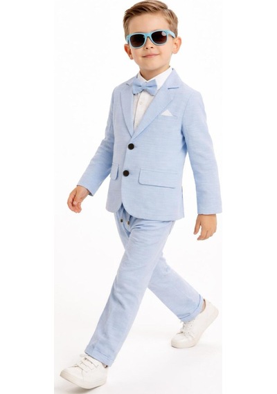 Baby Kids Colors Erkek Çocuk Flamlı Keten Salaş Ceketli Takım Elbise / Gömlek Pantolon Ceket Papyon Keten Takım Mavi