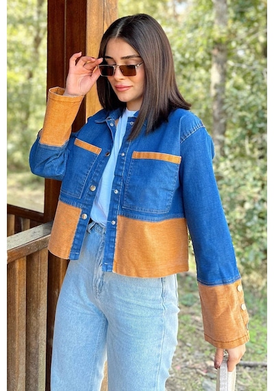 Kadın Mavi & Turuncu Denim Kontrast Çift Renk Detay, Ön Düğmeli Manşetli, Kot Ceket Turuncu