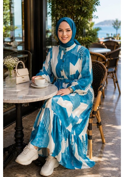 Hb Harma Time Butik Kadın Kuşaklı Viskon Kumaş Tesettür Mavi Elbise
