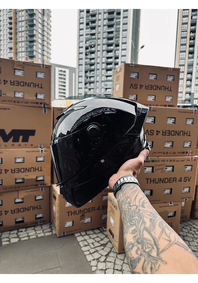 Mt Helmets Thunder 4 Gloss Black Kask Şeffaf Vizörlü Siyah