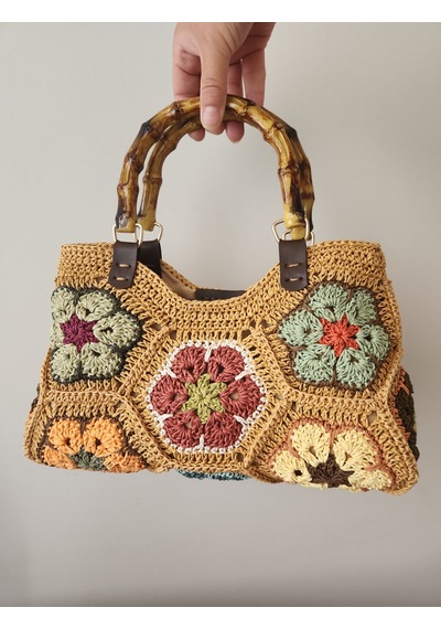 Fikriharika Design El Yapımı Afrika Çiçeği Motifli Kağıt İp Çanta Açık Camel - Çok Renkli