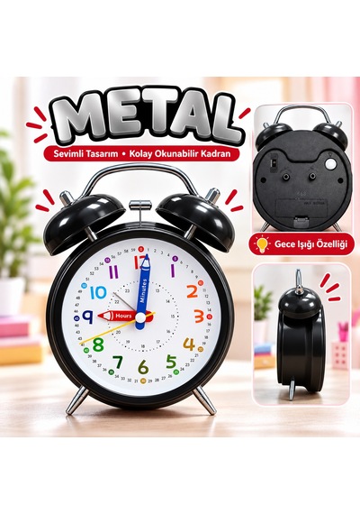 Eğitici Ve Eğlenceli Renkli Çalar Saat Pilli, Metal Gövdeli Çocuk Saati Siyah